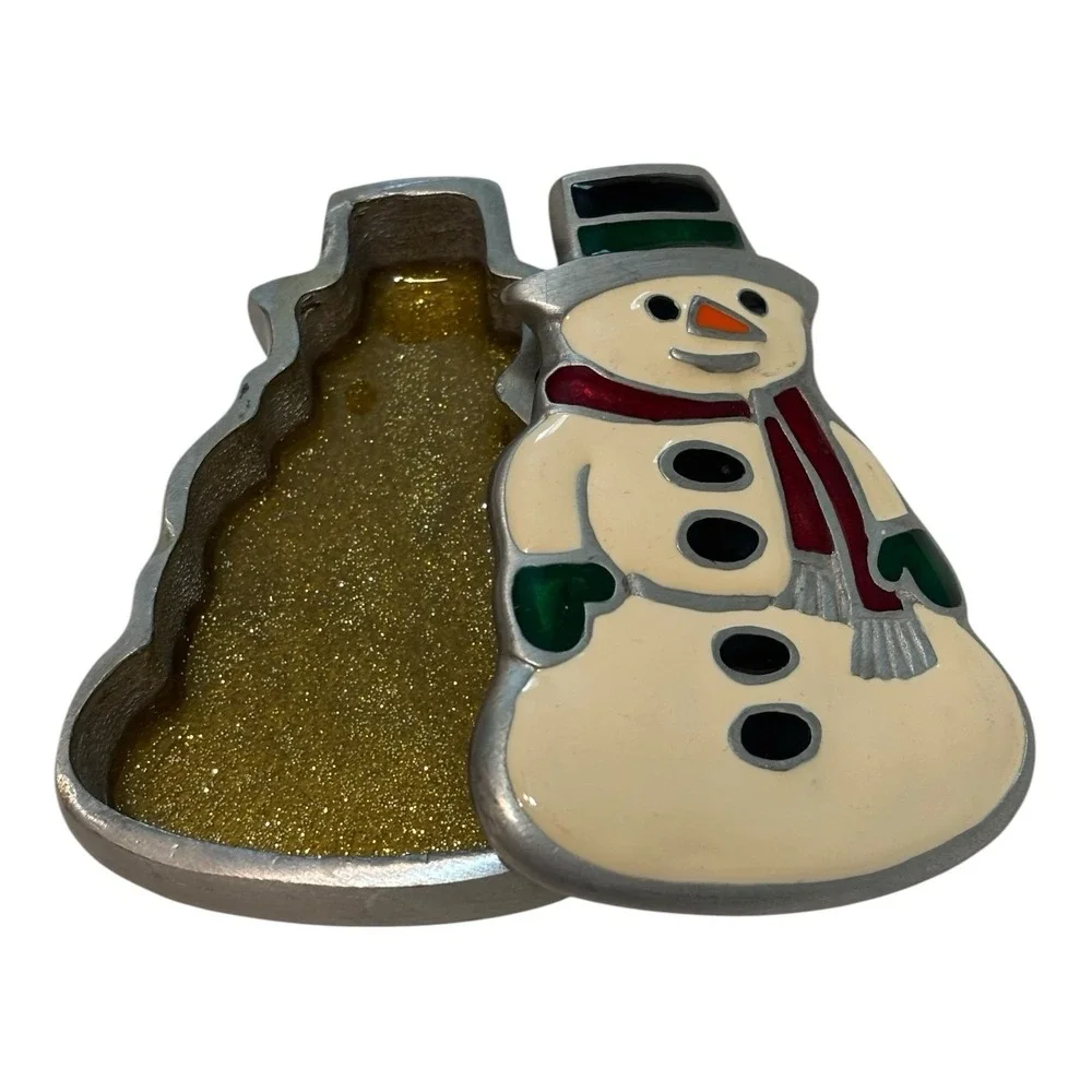 Snowman Trinket Box White Enamel Cast Metal Keepsake Gift Decor Christmas Winter